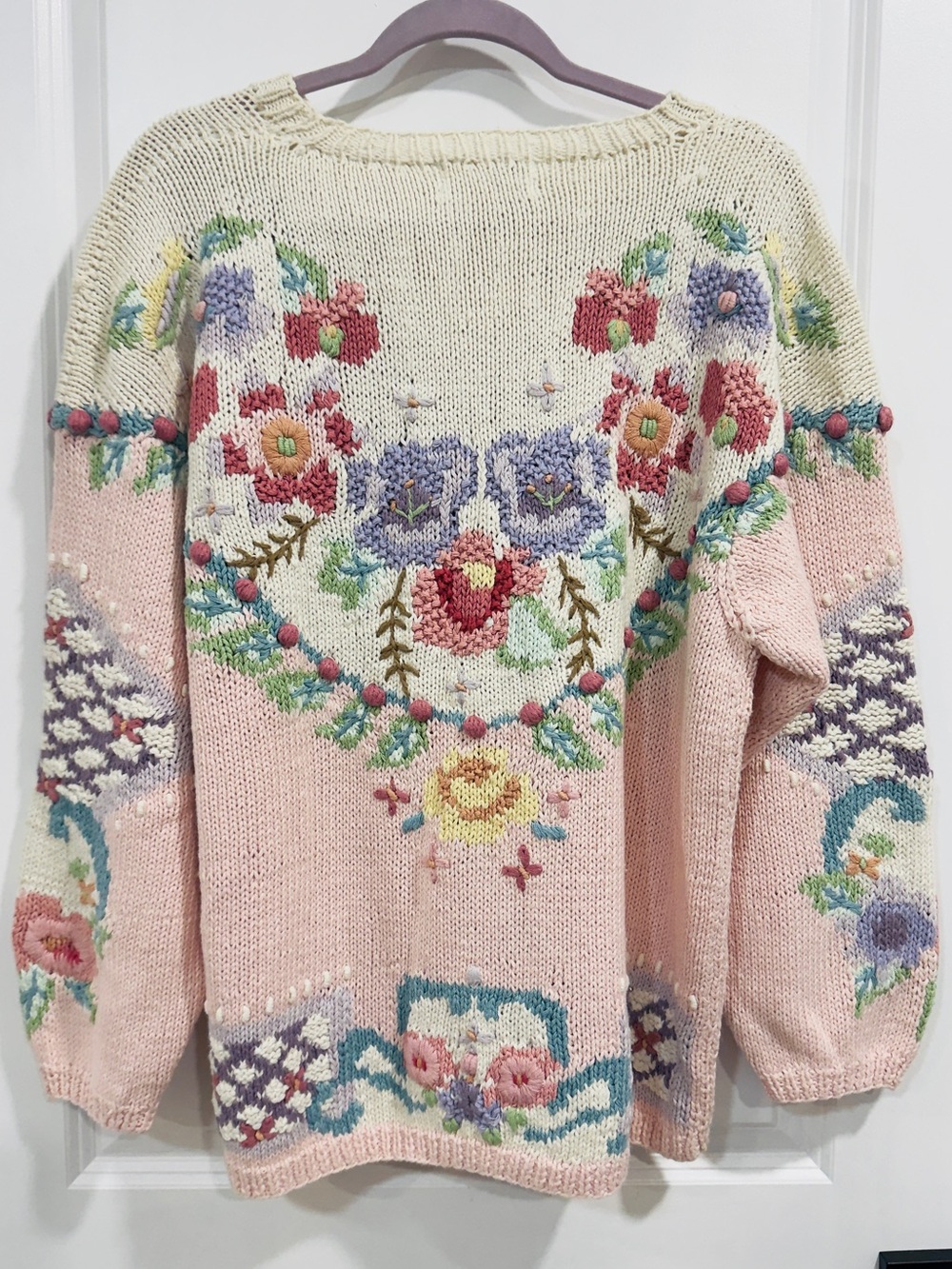 VTG Jennifer Reed Hand Knit Floral Embroidered Sweater Large Pastel Bobble NWT - Picture 3 of 10
